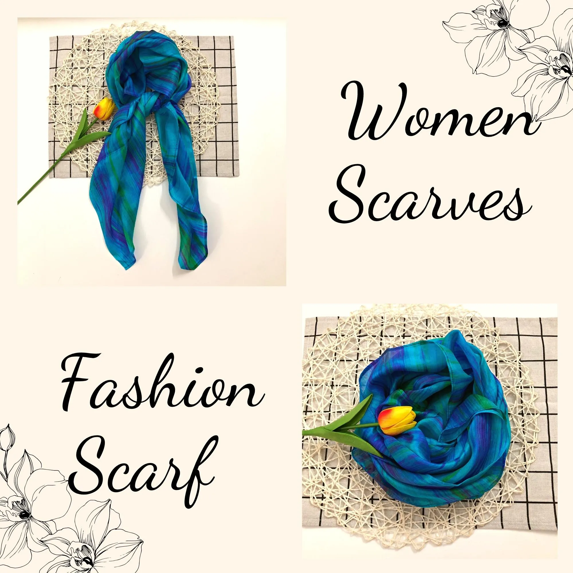 100% MULBERRY SILK SCARF - Pure mulberry silk - Blue Square Scarf - Women's Scarves - Handmade Silk Scarf - Gift for women