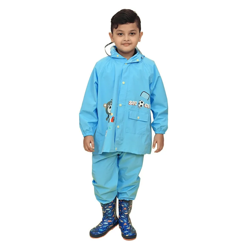 2 pcs Blue Soccer Ted,Full Shirt and Full Pants style Raincoat for Kids