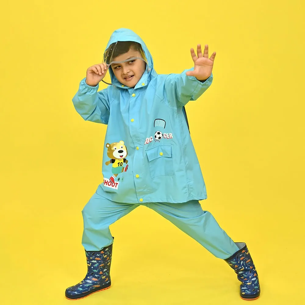 2 pcs Blue Soccer Ted,Full Shirt and Full Pants style Raincoat for Kids