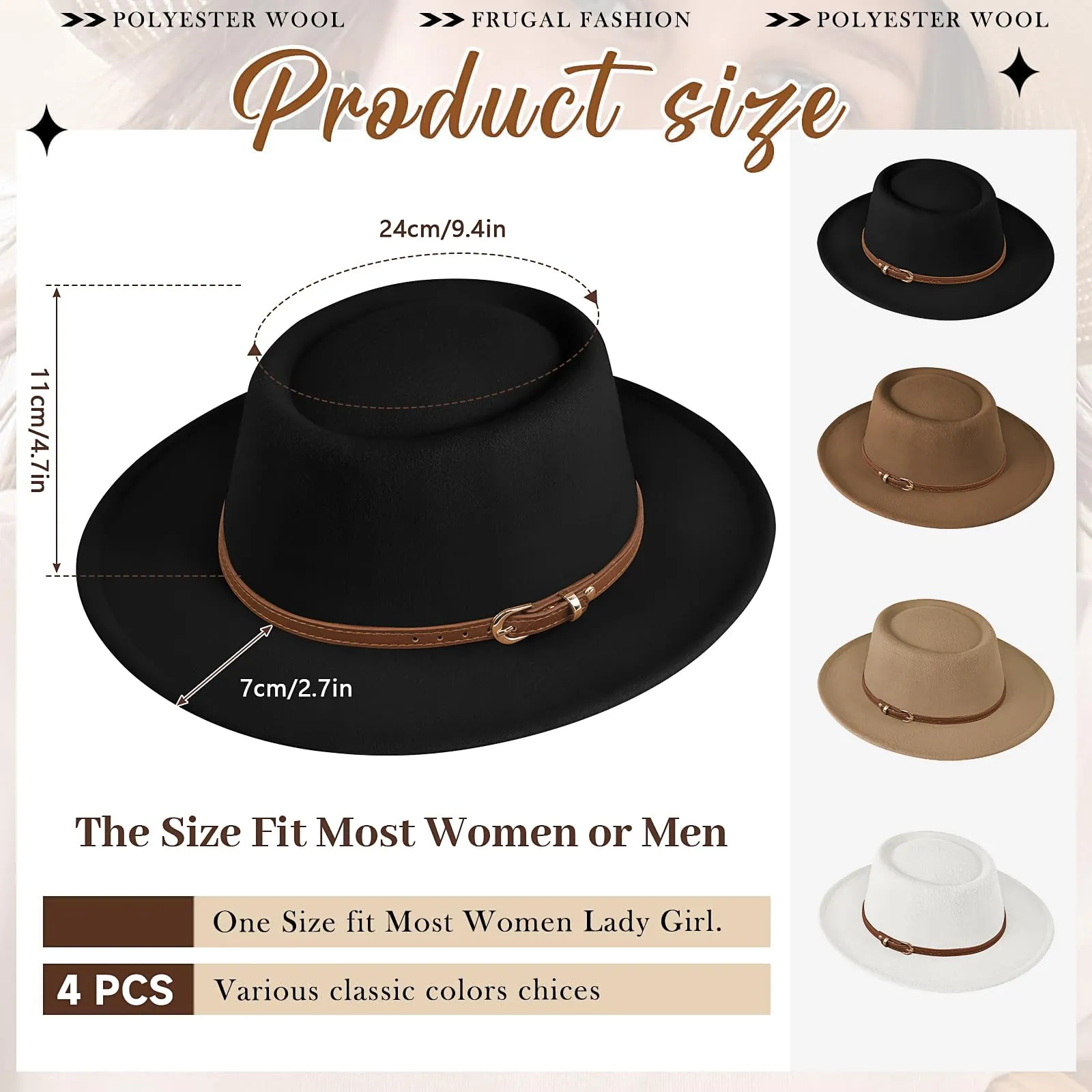 4 Pcs Women Classic Felt Fedora Wide Brim Hat with Belt Buckle Vintage Jazz Hat Boho Panama Hat for Party Travel Beach