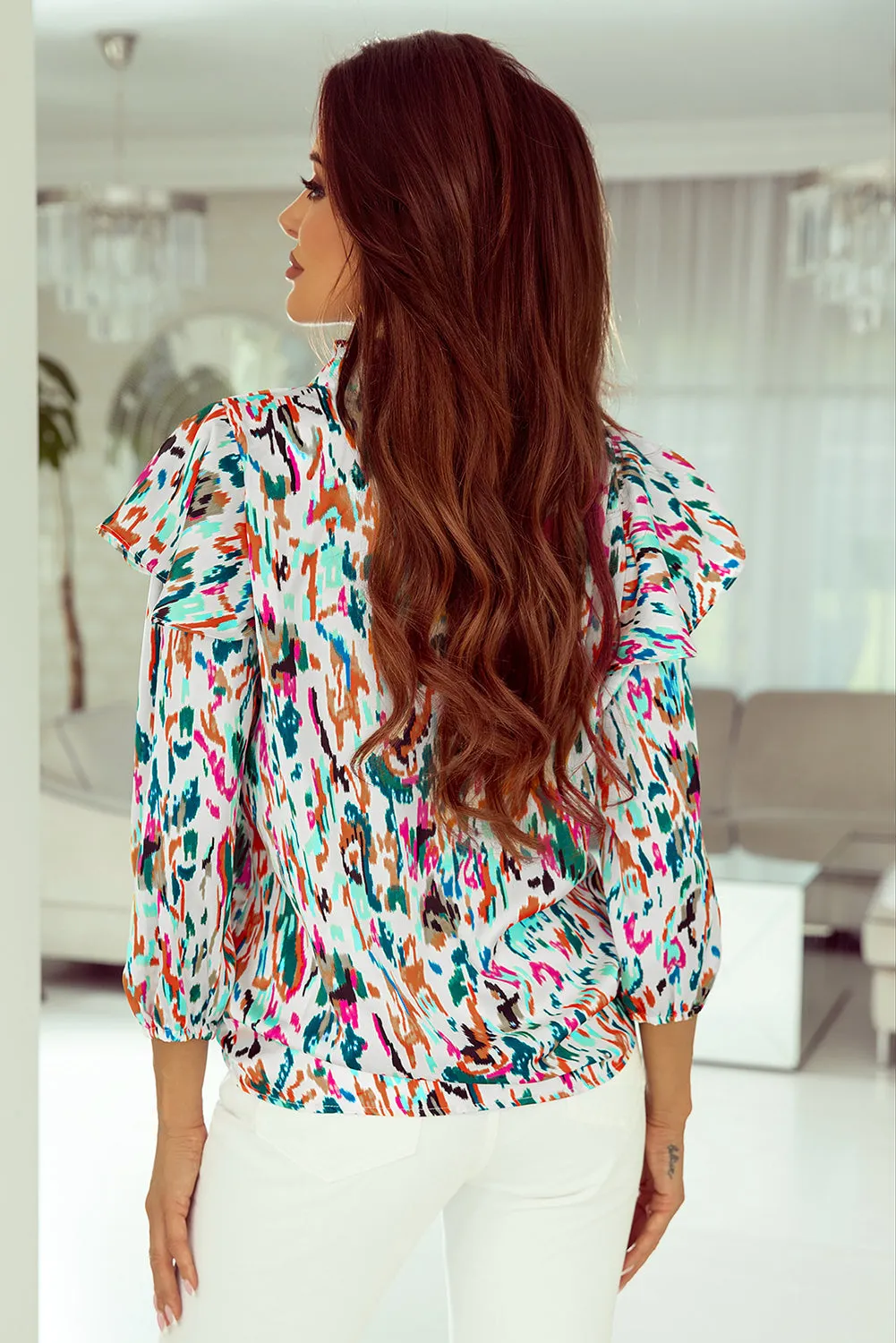 Abstract Print 3/4 Puff Sleeve Ruffle Blouse