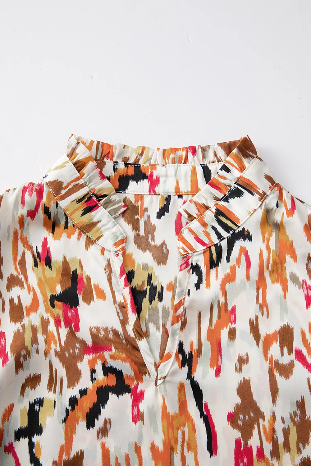 Abstract Print 3/4 Puff Sleeve Ruffle Blouse