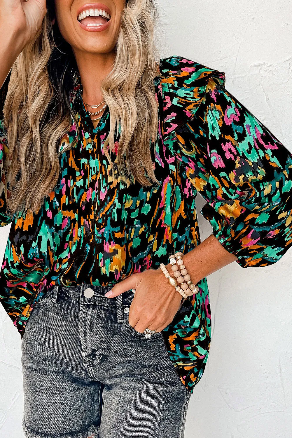 Abstract Print 3/4 Puff Sleeve Ruffle Blouse