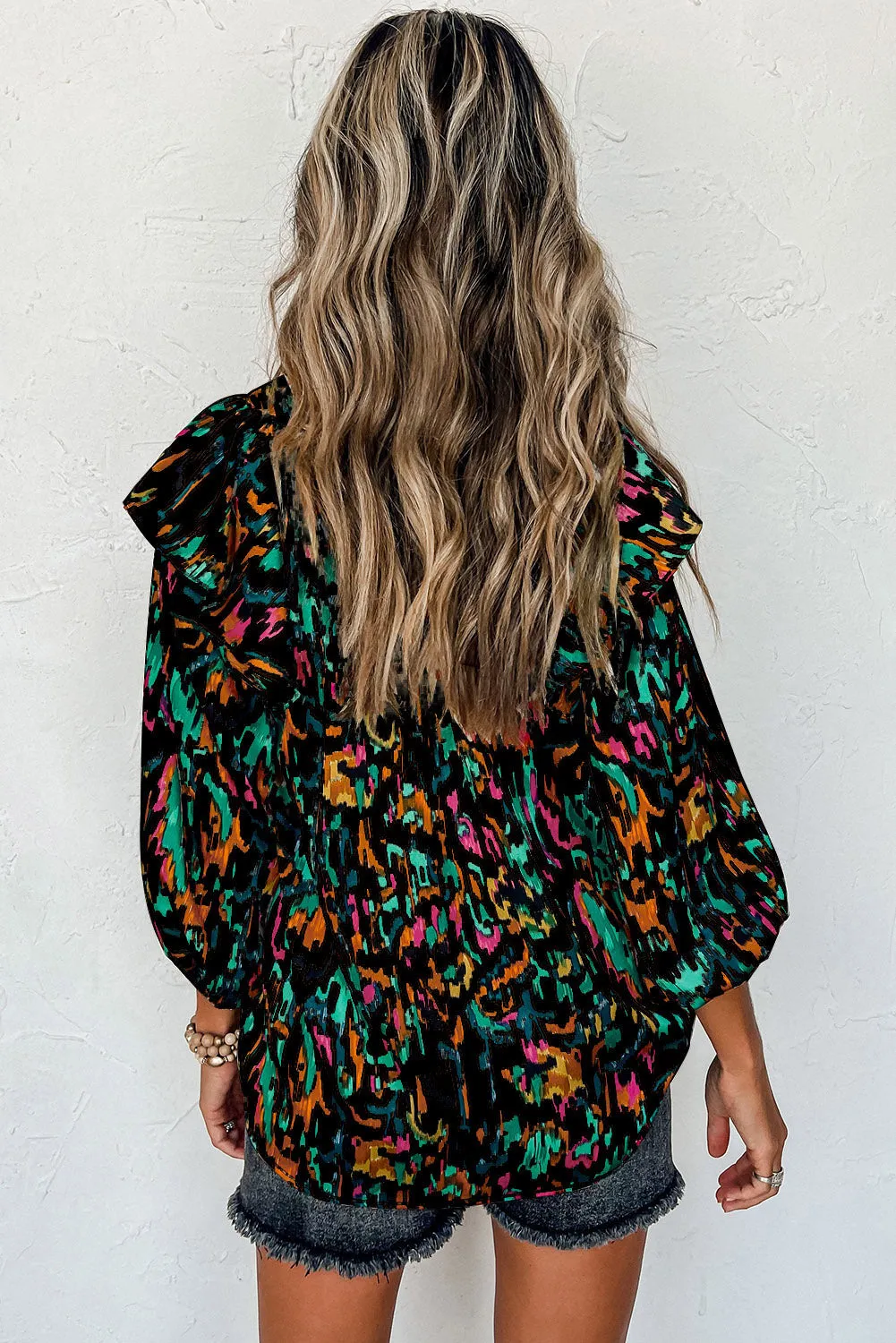 Abstract Print 3/4 Puff Sleeve Ruffle Blouse