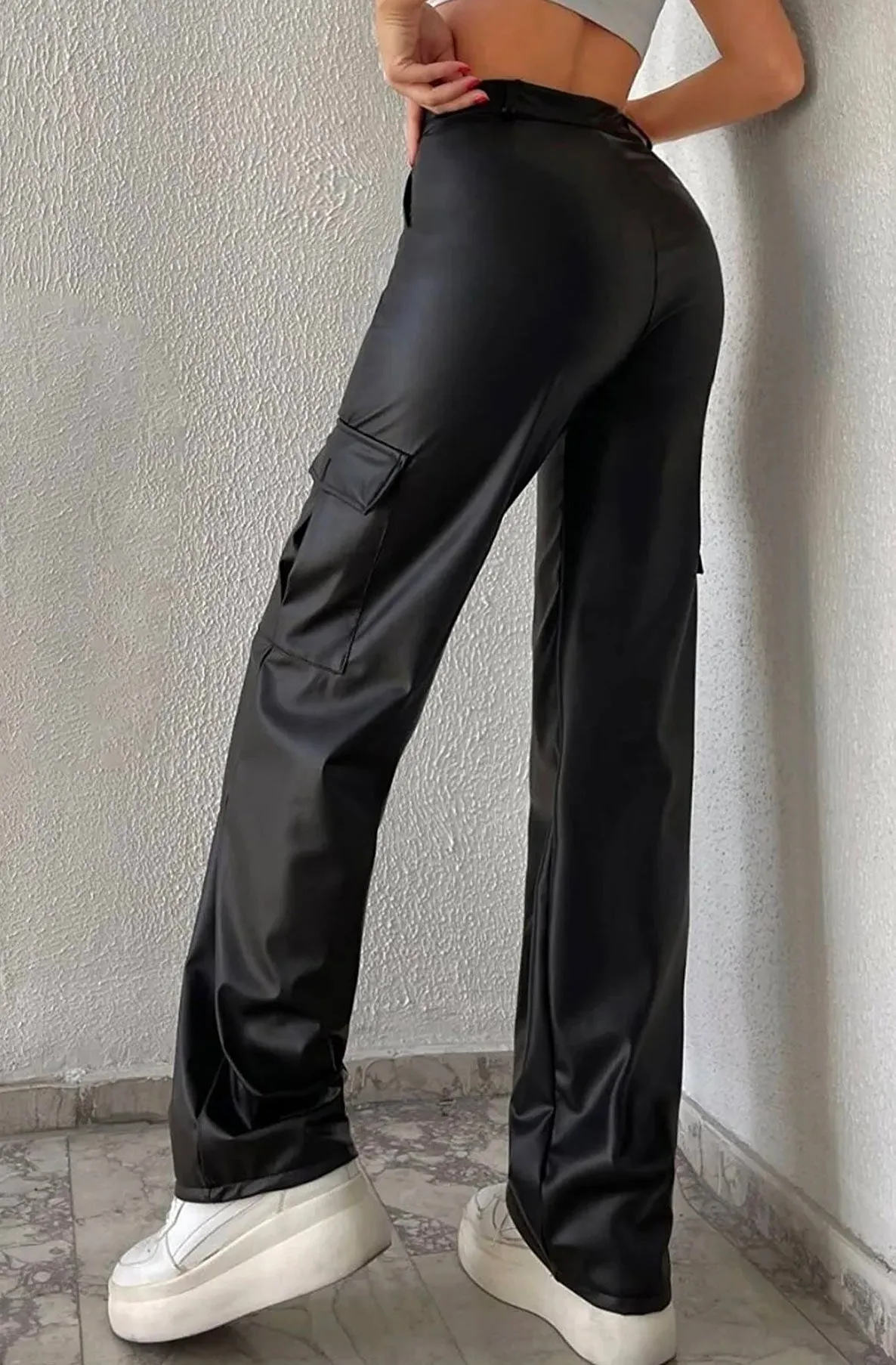 Angie PU Faux Leather Wide Leg Cargo Trousers