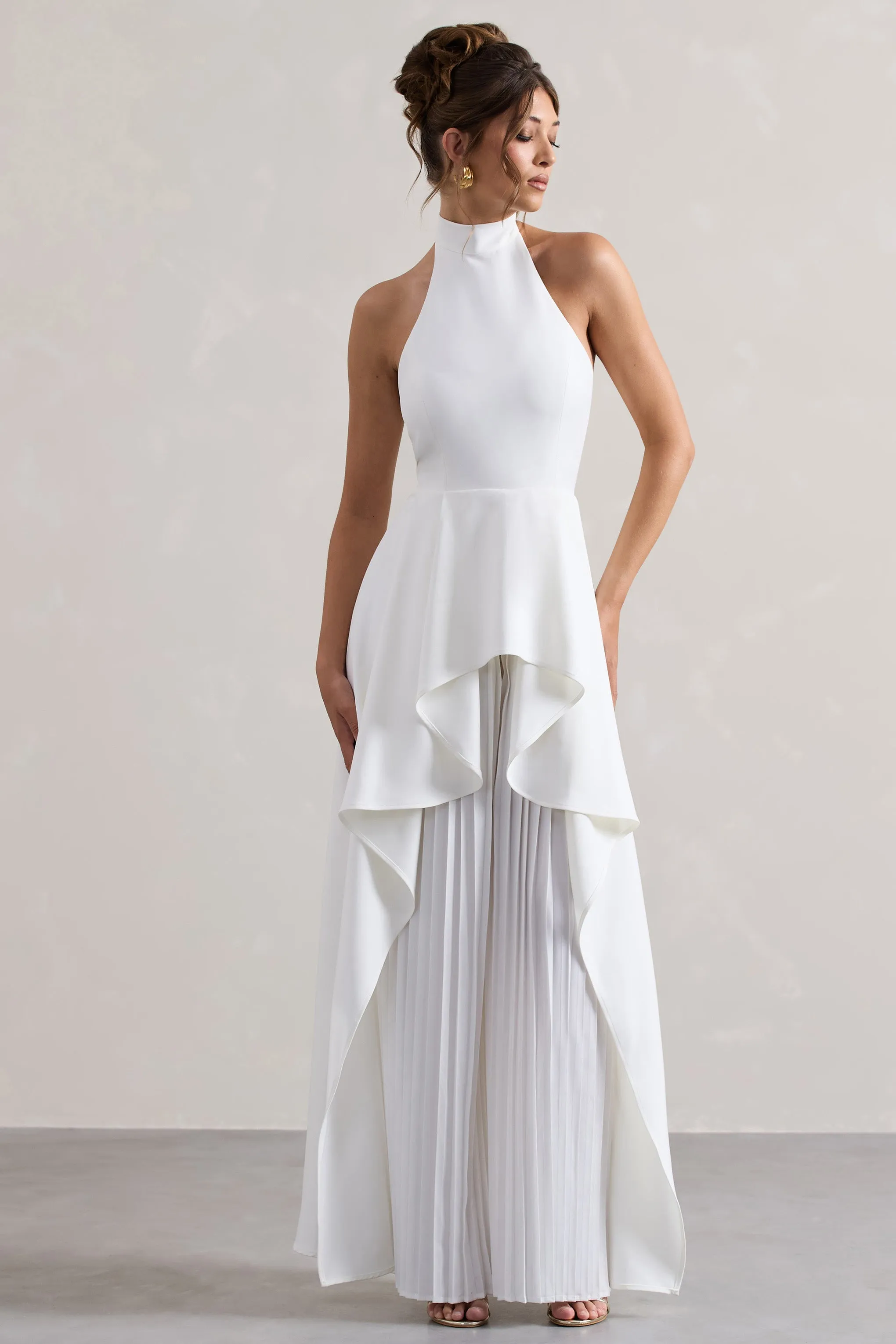 Ashwood | White Plisse High-Neck Cape Jumpsuit