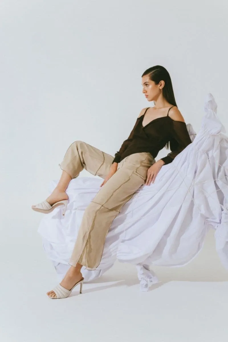 BEIGE TERY HIGH RISE STRAIGHT PANTS