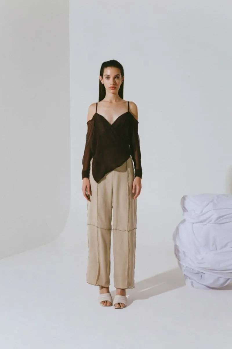 BEIGE TERY HIGH RISE STRAIGHT PANTS