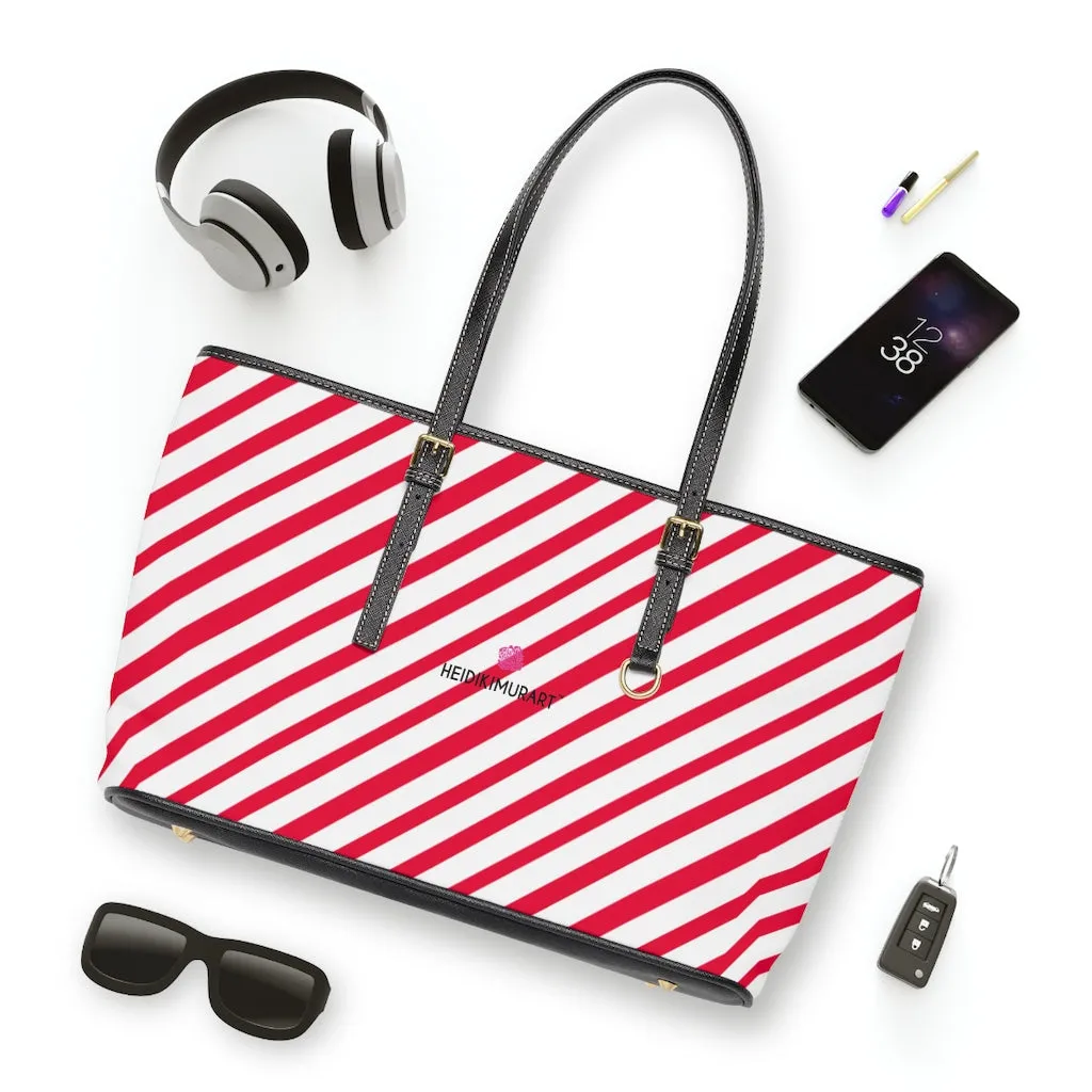 Best Red Stripes Tote Bag, Best Striped PU Leather Shoulder Large Hand Work Bag 17"x11"/ 16"x10"