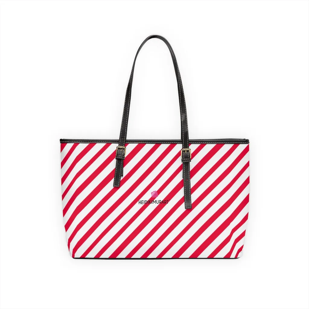 Best Red Stripes Tote Bag, Best Striped PU Leather Shoulder Large Hand Work Bag 17"x11"/ 16"x10"