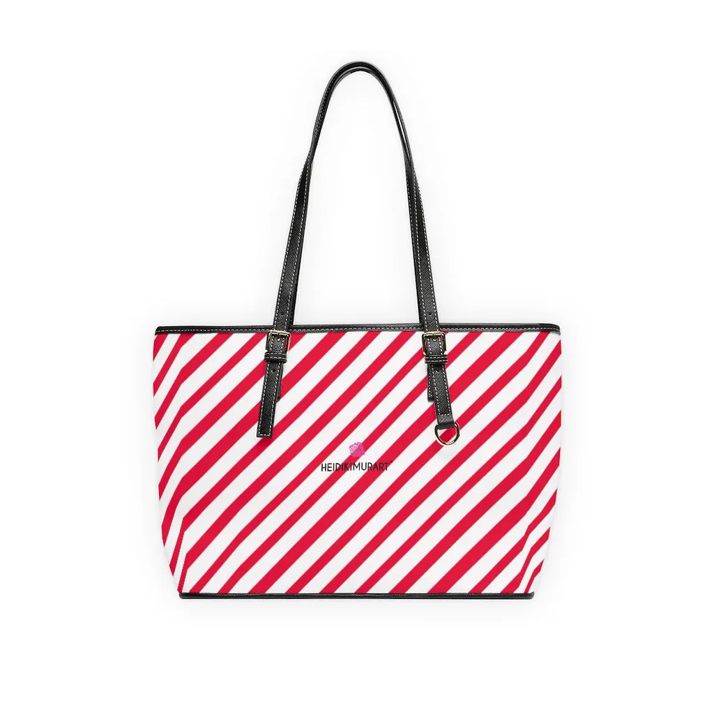 Best Red Stripes Tote Bag, Best Striped PU Leather Shoulder Large Hand Work Bag 17"x11"/ 16"x10"