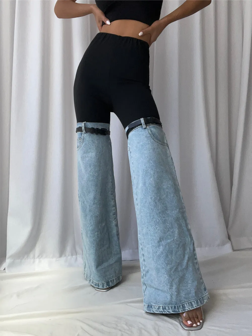 BICOLORE Patchwork Trousers in Denim & Black