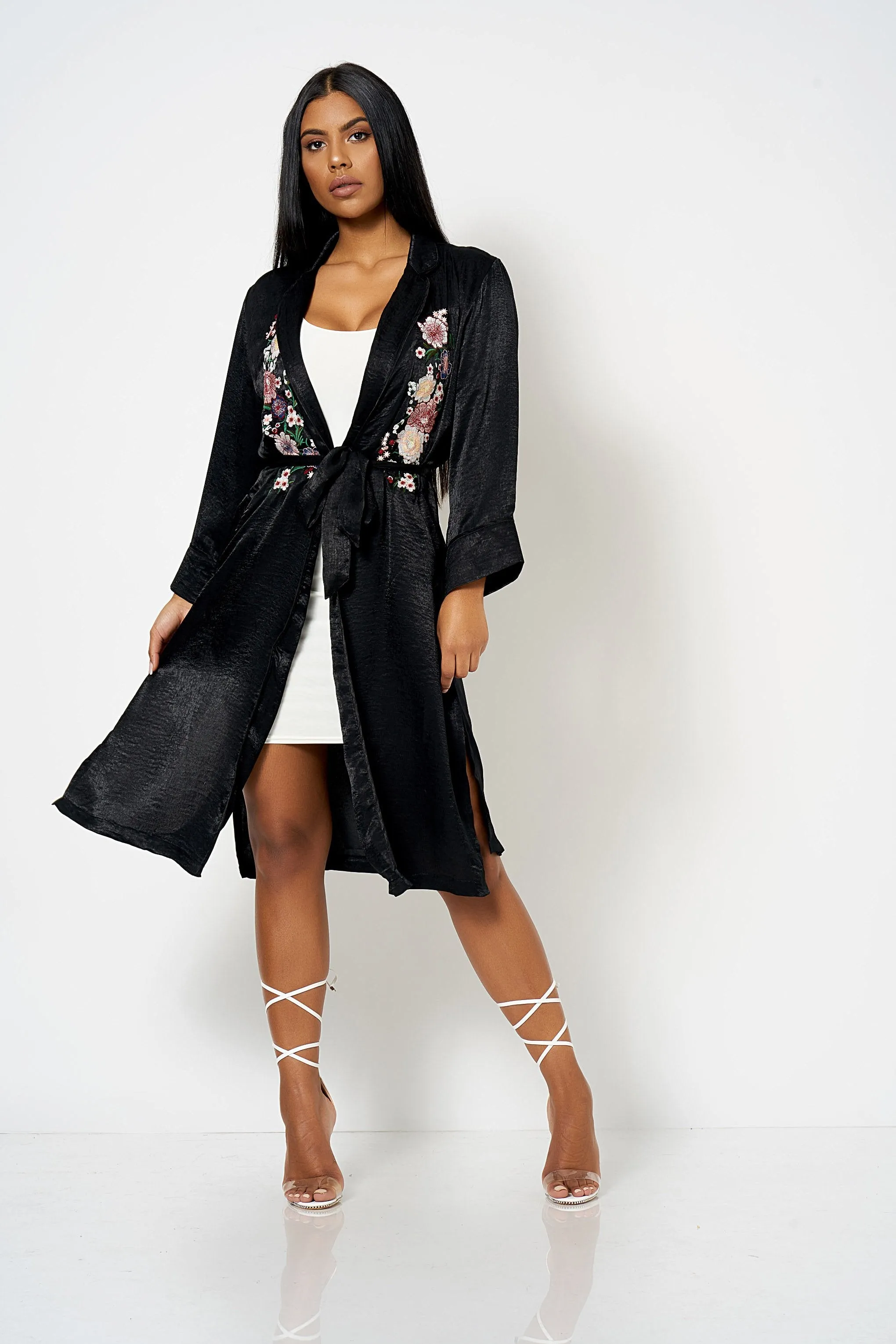 Black Satin Embroidery Duster Coat