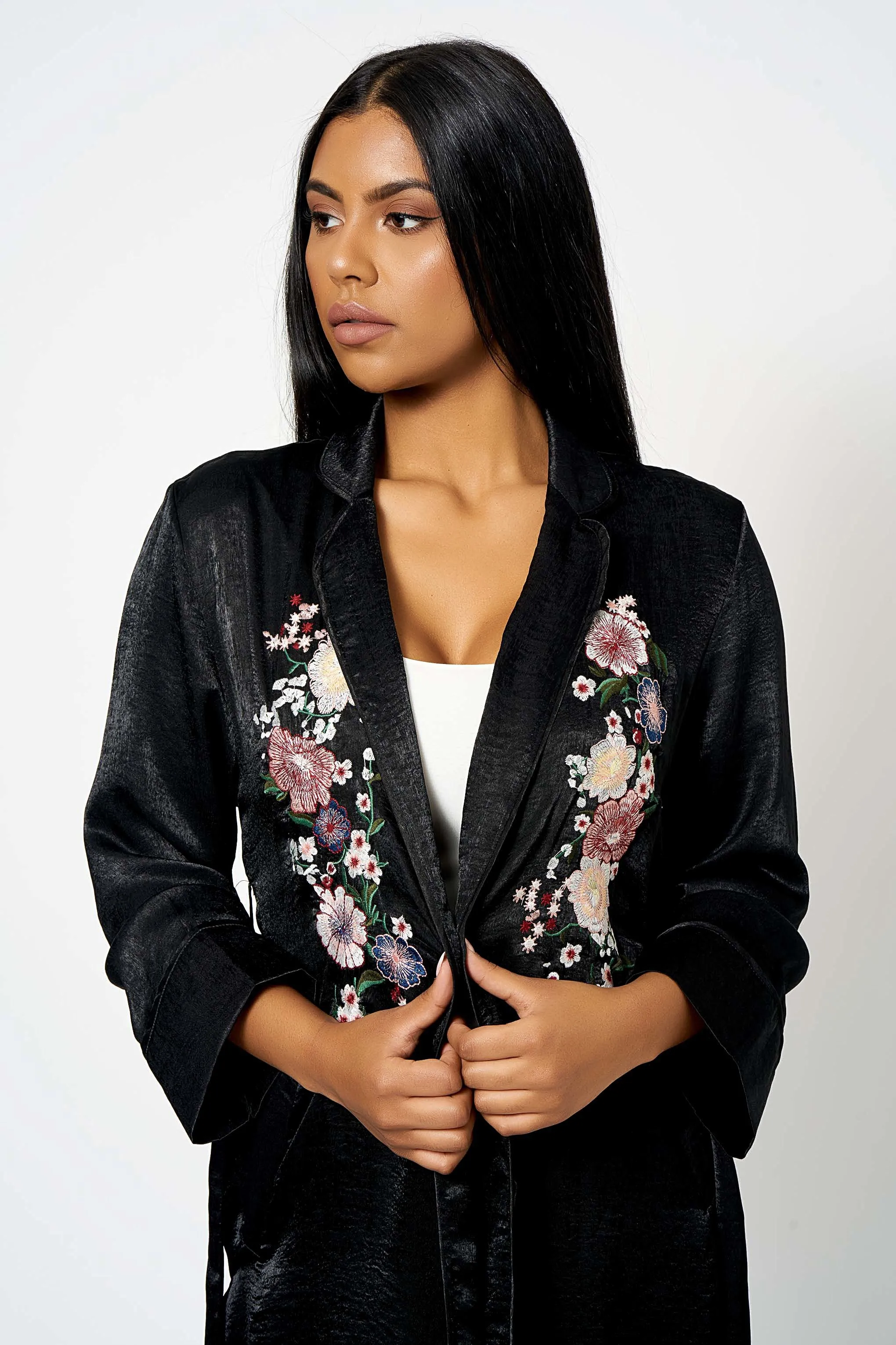 Black Satin Embroidery Duster Coat