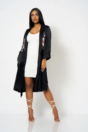 Black Satin Embroidery Duster Coat