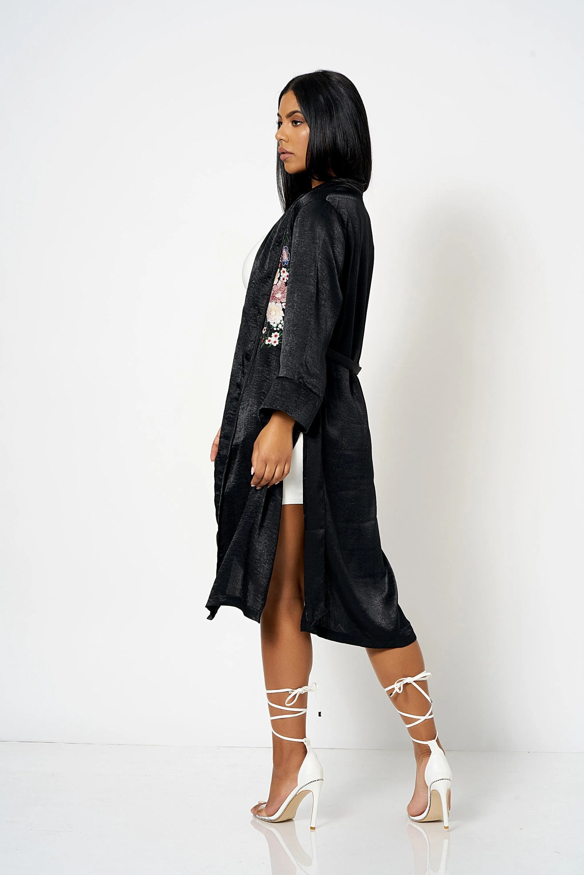 Black Satin Embroidery Duster Coat