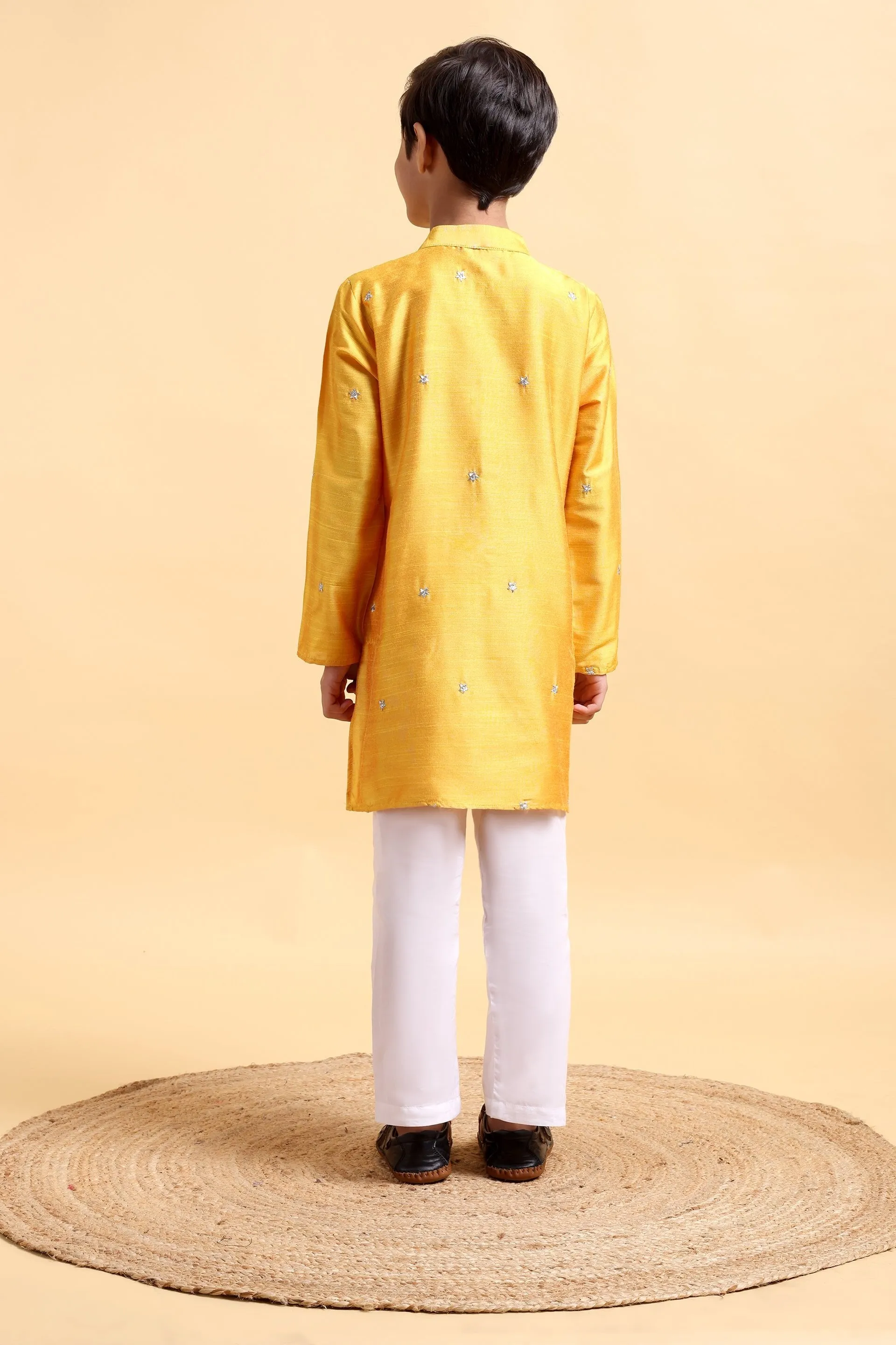 Boys Yellow embroidery Cotton silk Kurta & Pajama Set