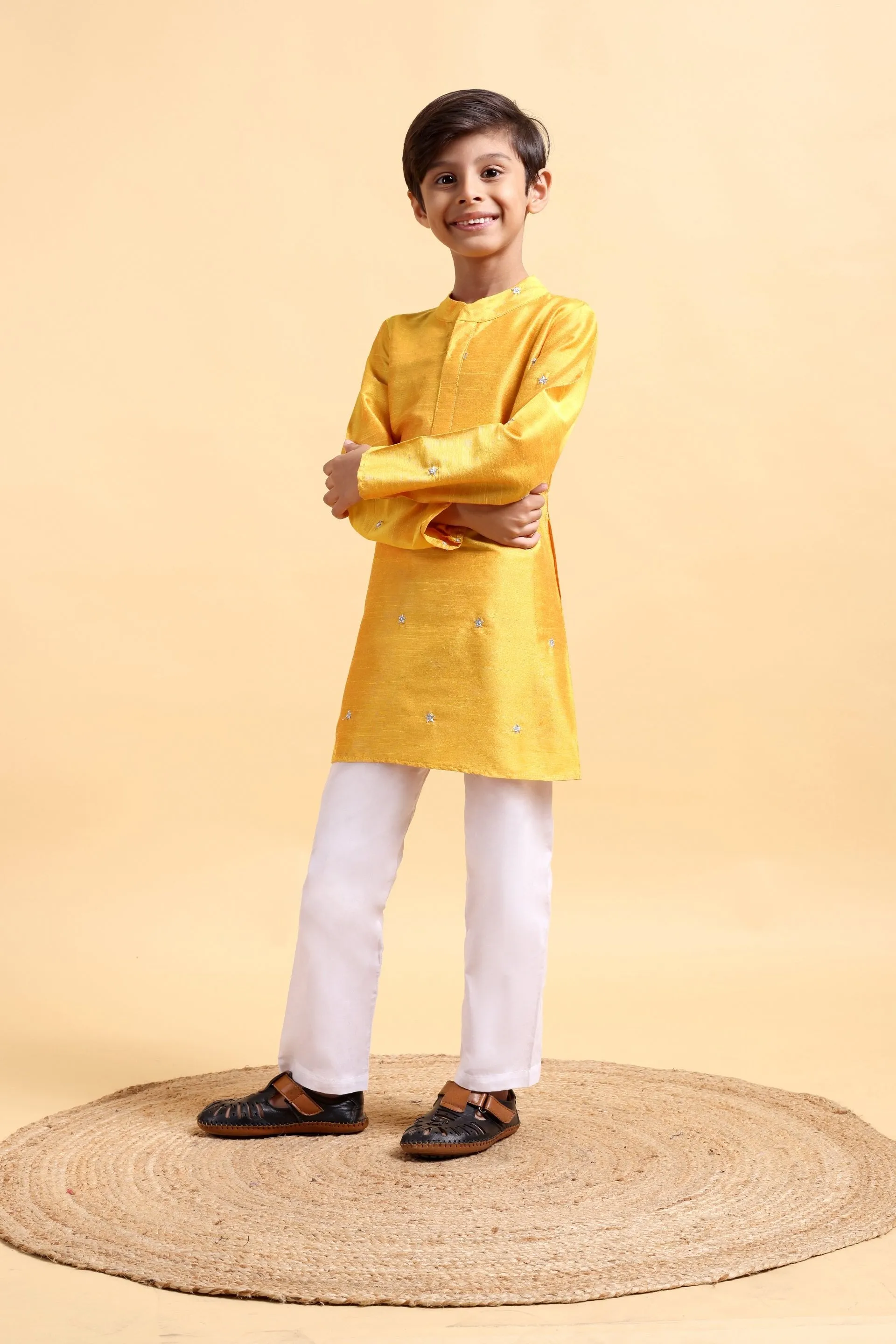 Boys Yellow embroidery Cotton silk Kurta & Pajama Set