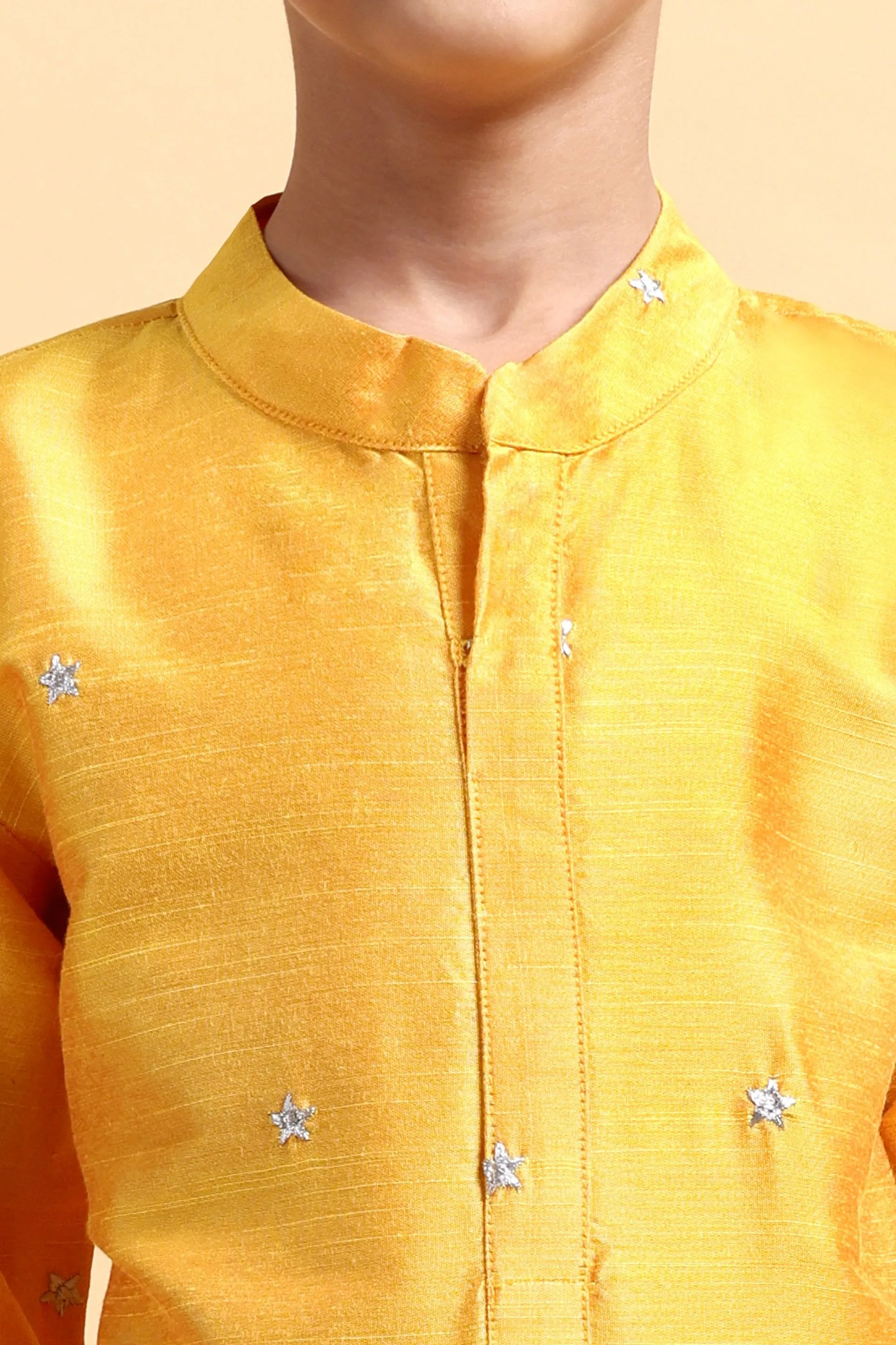 Boys Yellow embroidery Cotton silk Kurta & Pajama Set