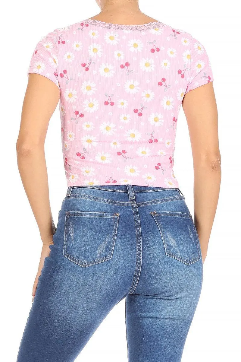 Button Front Ribbed Short Sleeve T-Shirt Tops With Lace Trim - Pink Floral Print