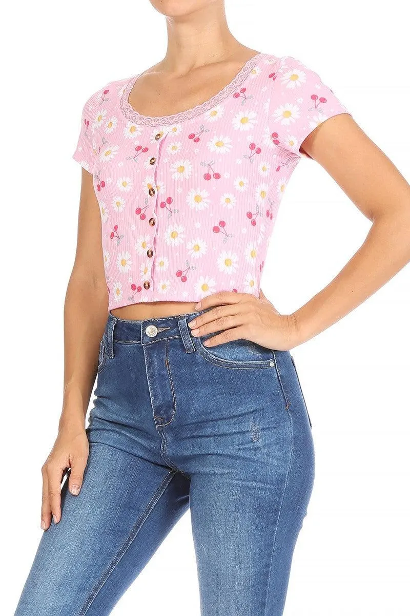 Button Front Ribbed Short Sleeve T-Shirt Tops With Lace Trim - Pink Floral Print