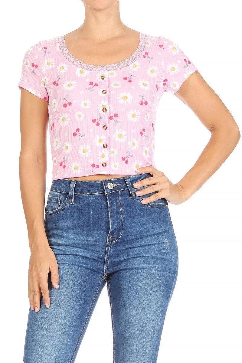 Button Front Ribbed Short Sleeve T-Shirt Tops With Lace Trim - Pink Floral Print