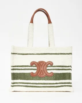 Celine Ivory & Green Shearling Brown Triomphe Leather Logo Tote