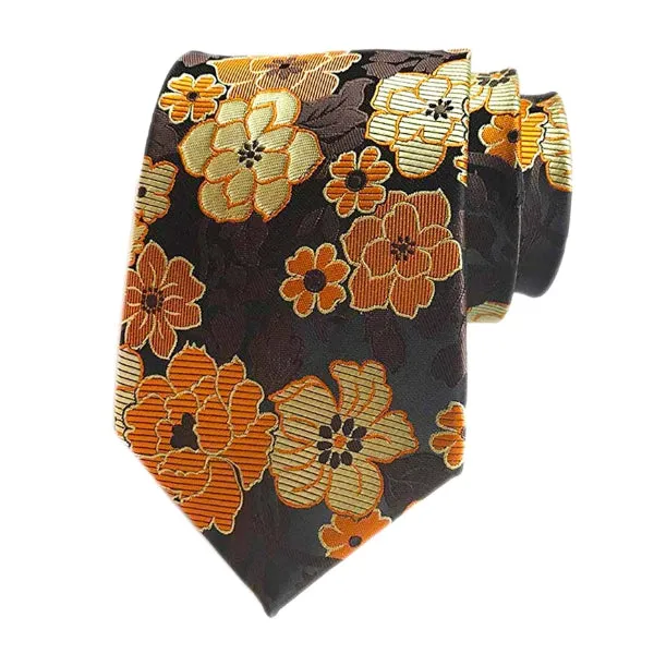 Classy Men Orange Brown Floral Silk Tie