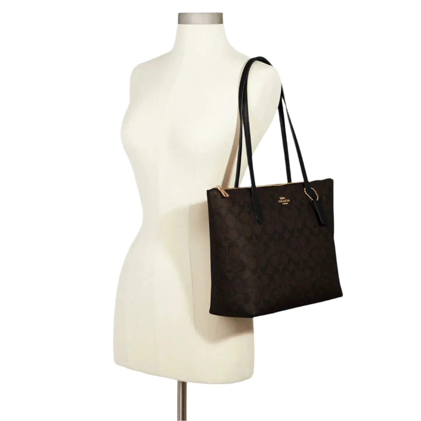 Coach Zip Top Tote In Signature Canvas Brown/Black