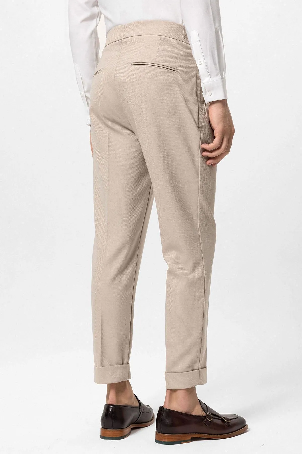 Cream High-Waisted Pleated Men's Trousers with Buckle Detail - Wessi