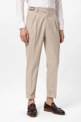 Cream High-Waisted Pleated Men's Trousers with Buckle Detail - Wessi