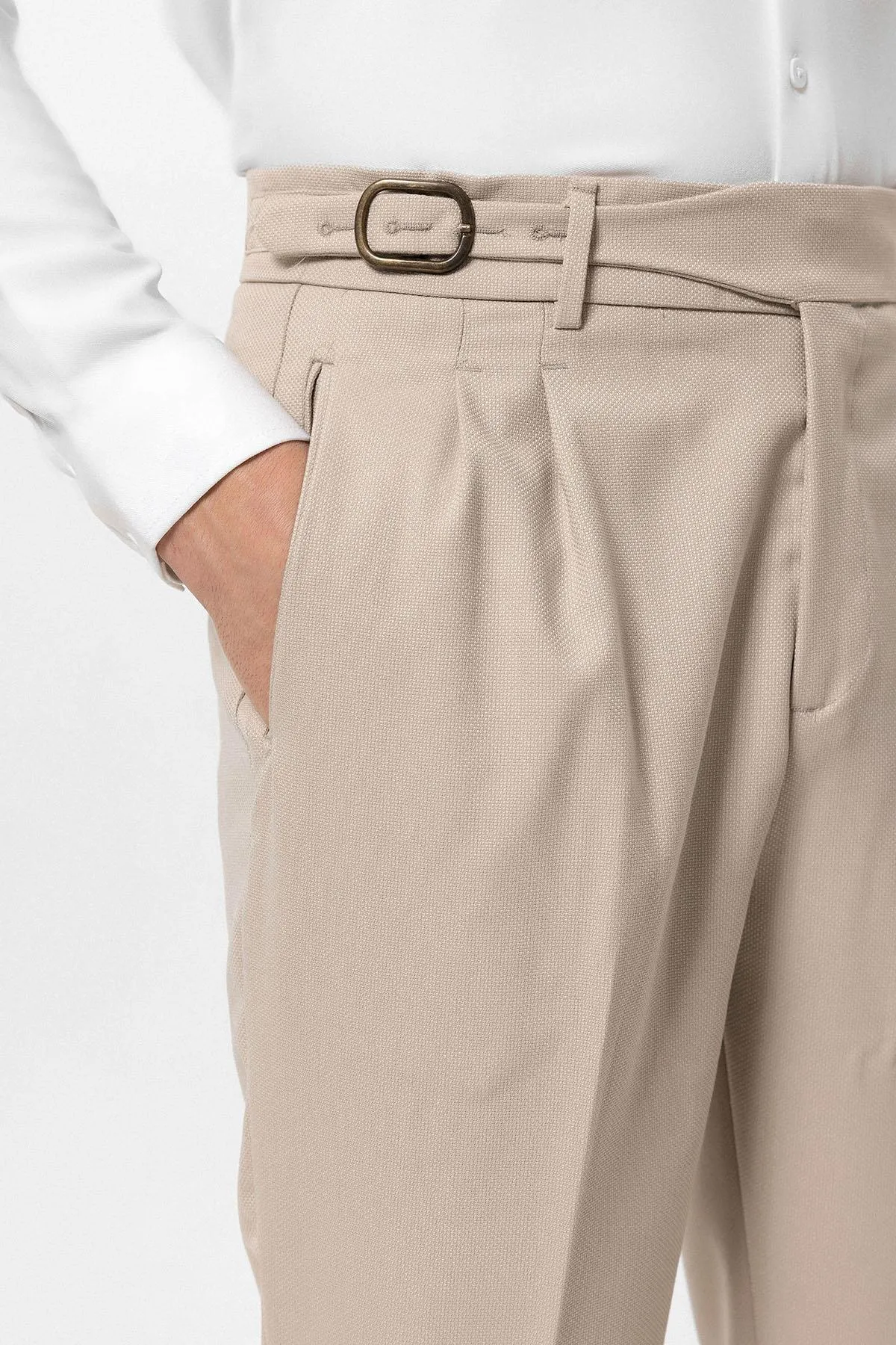 Cream High-Waisted Pleated Men's Trousers with Buckle Detail - Wessi