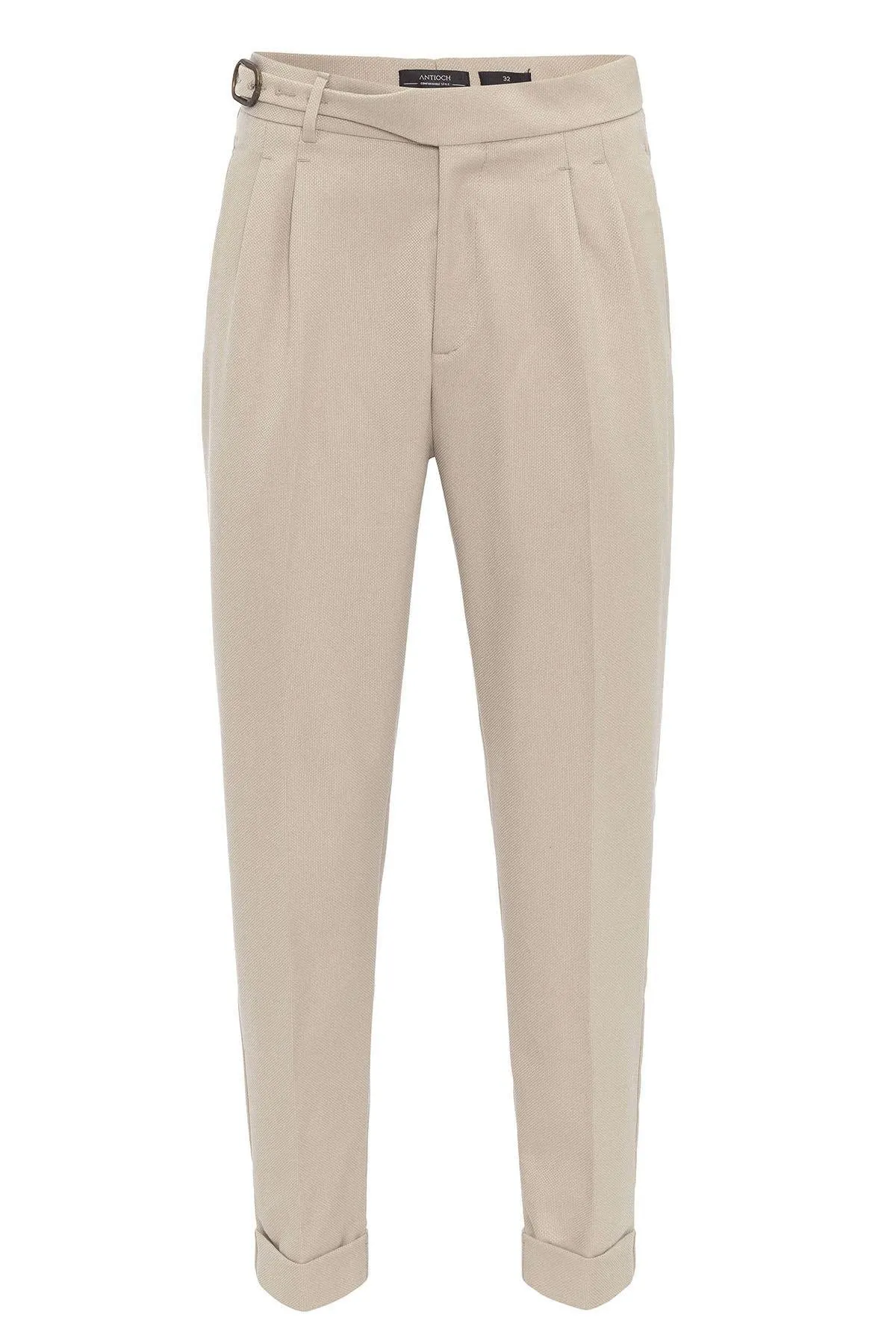 Cream High-Waisted Pleated Men's Trousers with Buckle Detail - Wessi