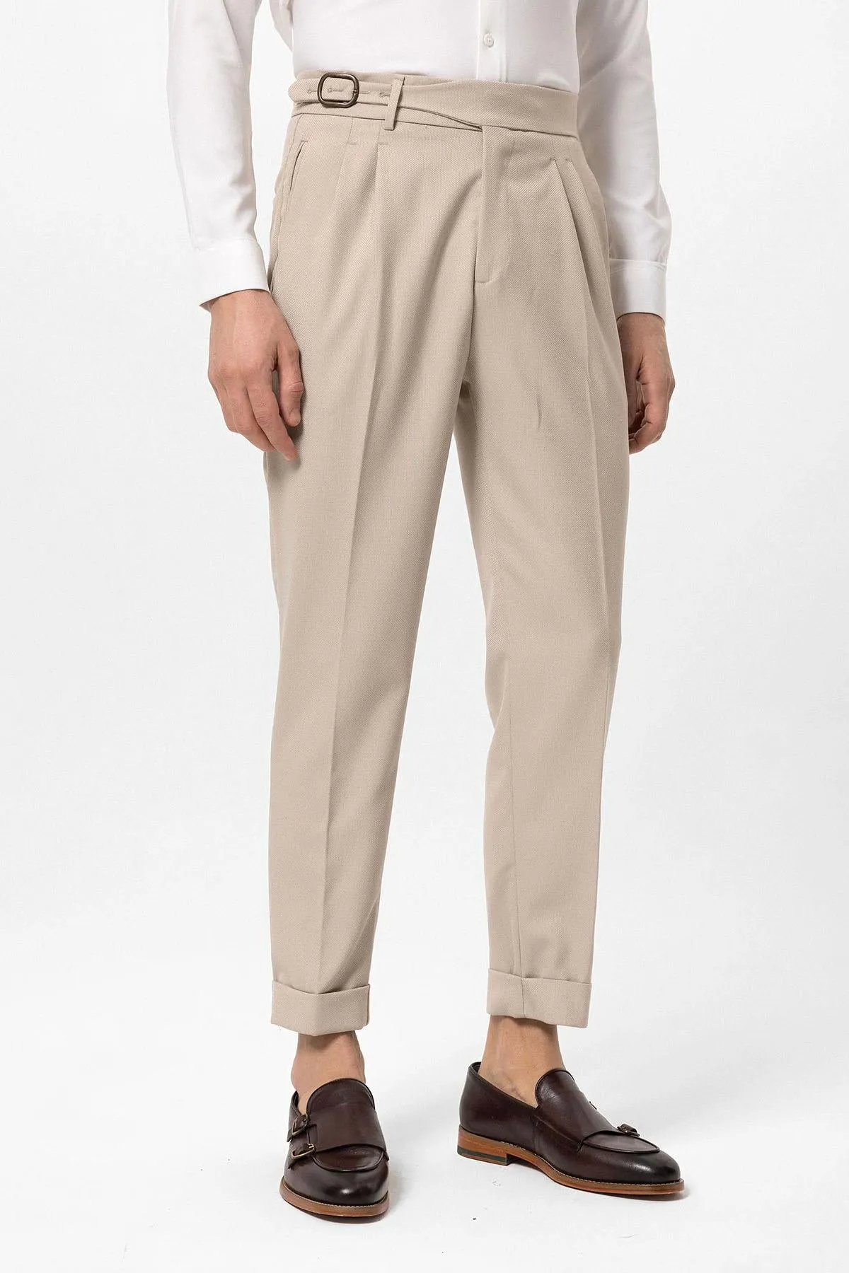 Cream High-Waisted Pleated Men's Trousers with Buckle Detail - Wessi