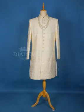 Cream Semi Silk Floral Designed Sherwani Suit