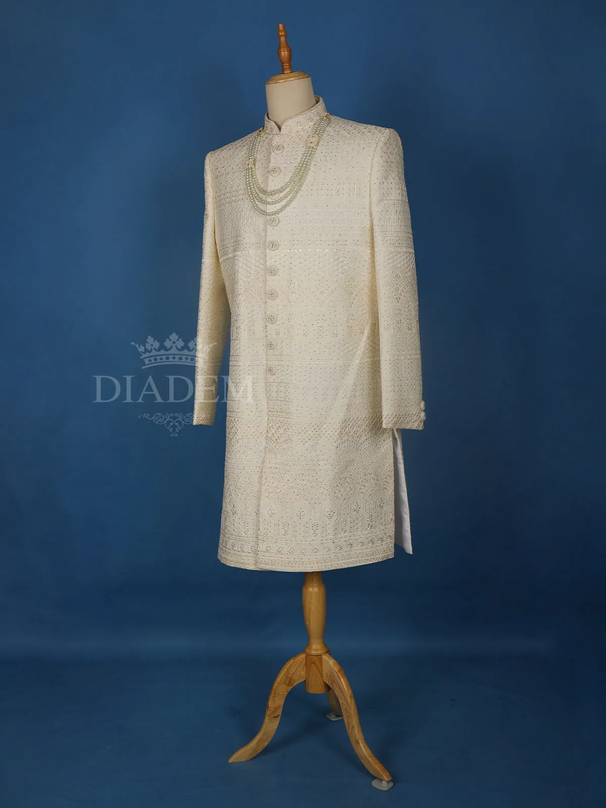 Cream Semi Silk Floral Designed Sherwani Suit