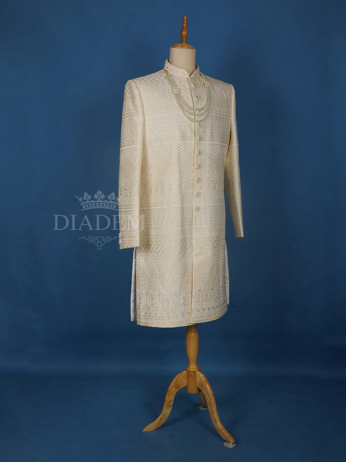 Cream Semi Silk Floral Designed Sherwani Suit