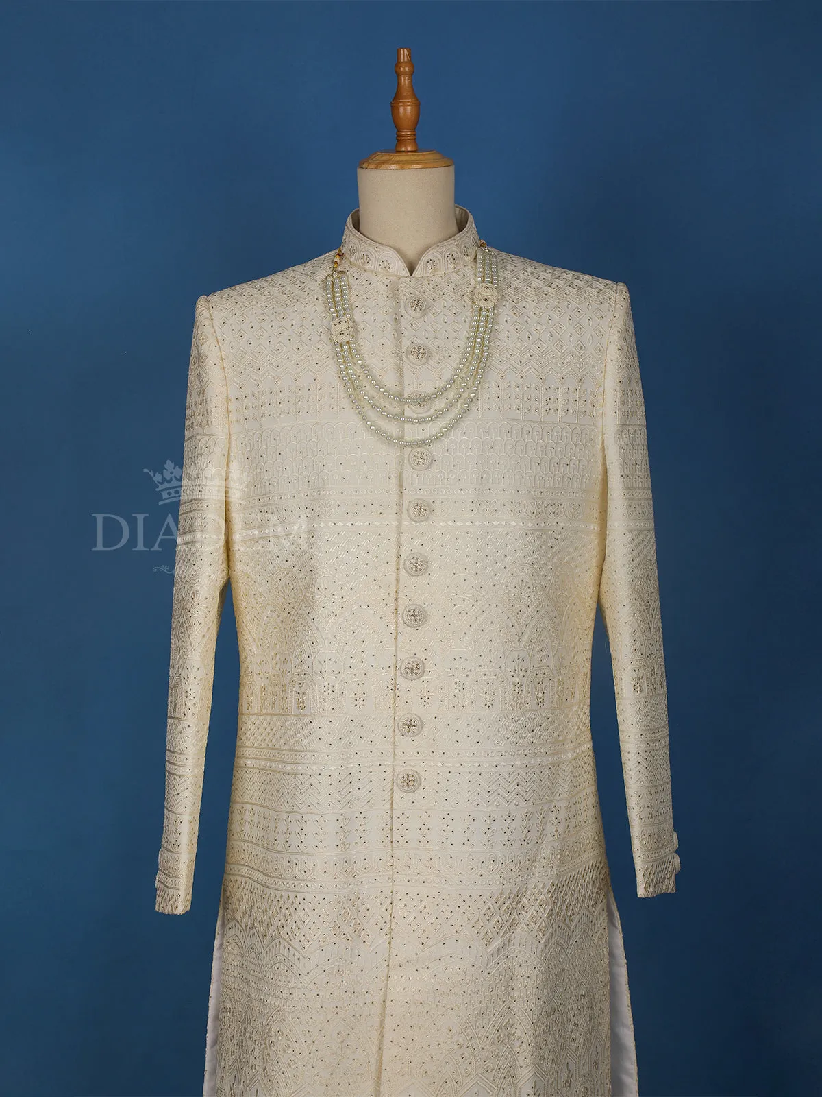 Cream Semi Silk Floral Designed Sherwani Suit