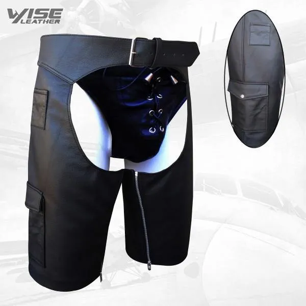 Custom Men's Leather Chaps Shorts with Buckle Front and Side Pocket