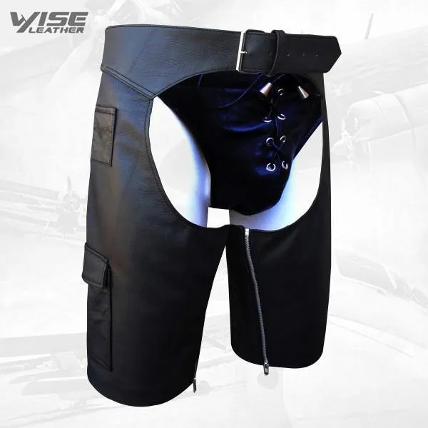 Custom Men's Leather Chaps Shorts with Buckle Front and Side Pocket