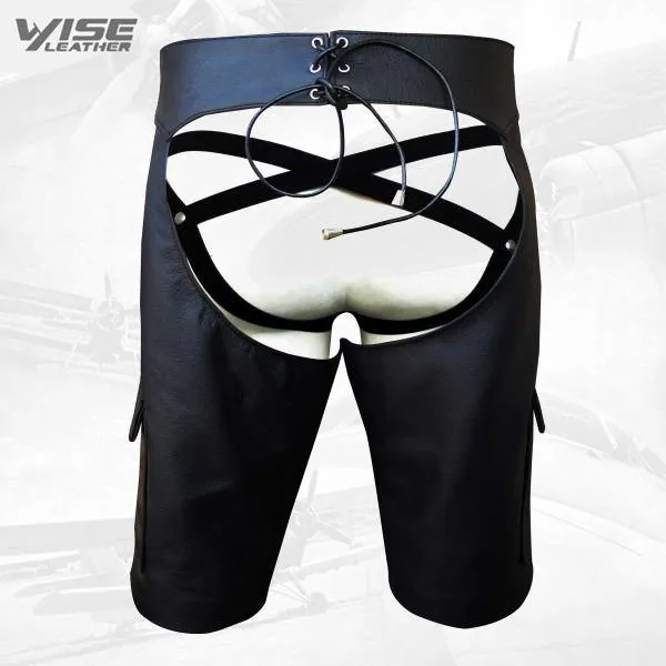 Custom Men's Leather Chaps Shorts with Buckle Front and Side Pocket