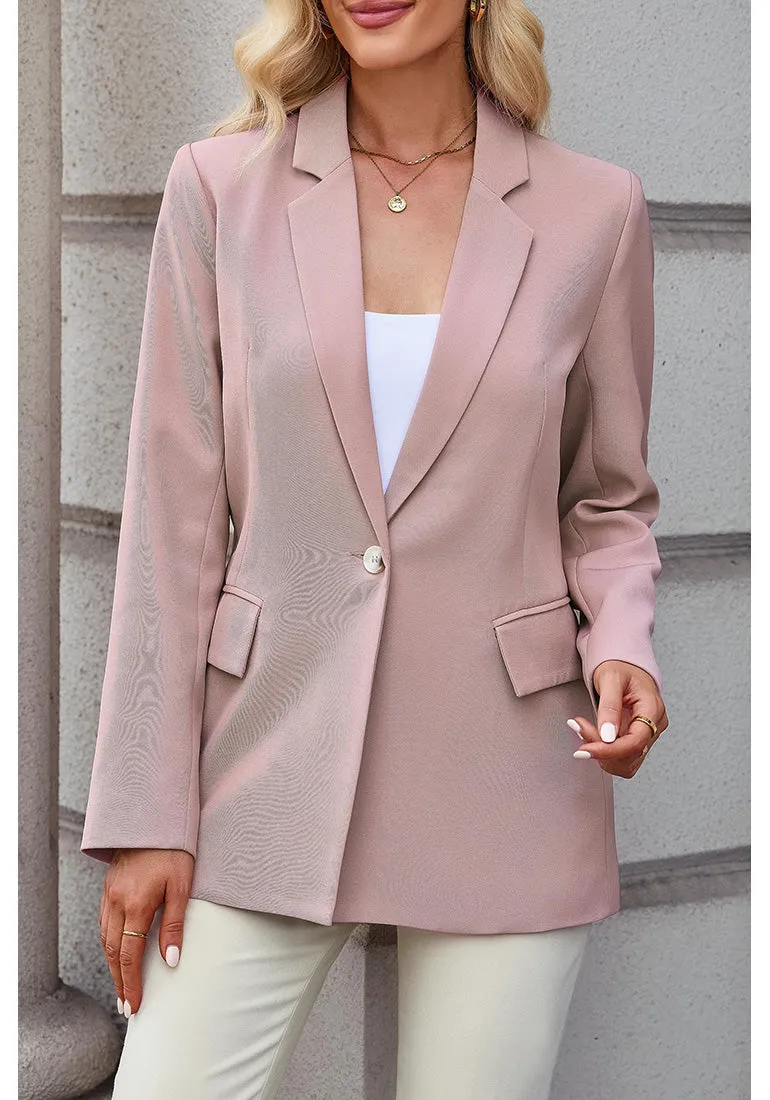 Dusty Pink Women's Office Casual Long Sleeve Pocket Blazer Jacket