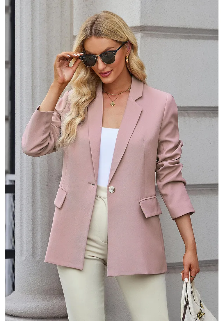 Dusty Pink Women's Office Casual Long Sleeve Pocket Blazer Jacket