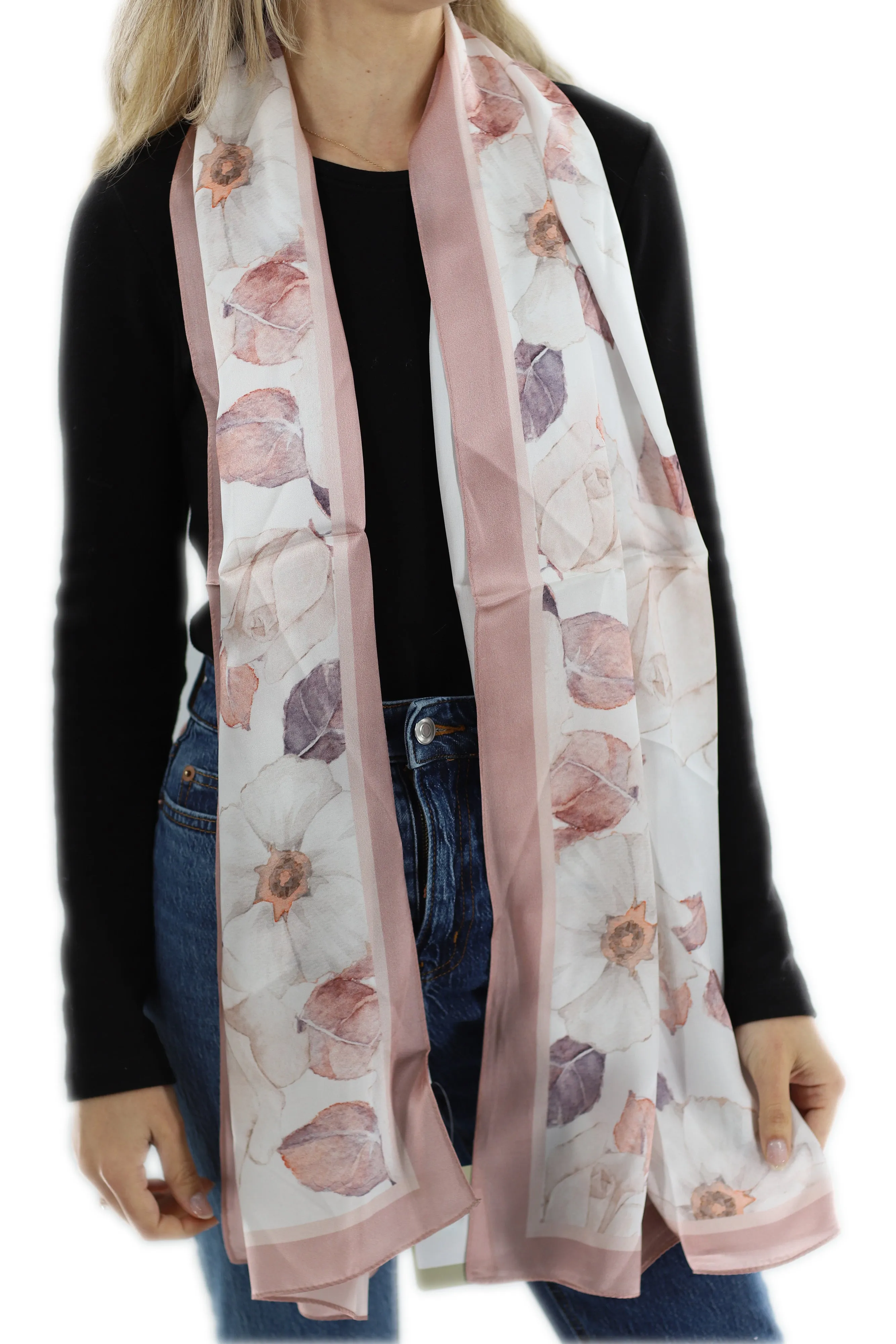 Elegant 100% Silk Floral Print Scarf - Pink - One Size (38x30in)