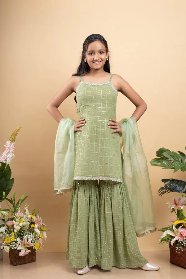 Elegant light Green sleeveless kurti with sequin details, paired with matching sharara pants and a sheer dupatta