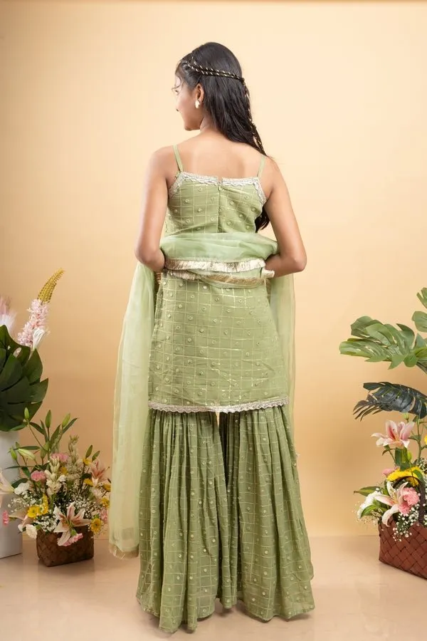 Elegant light Green sleeveless kurti with sequin details, paired with matching sharara pants and a sheer dupatta