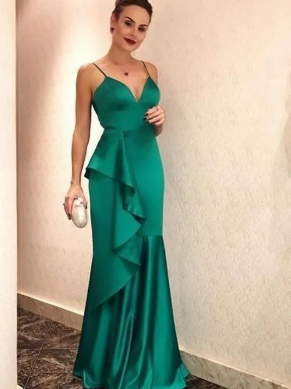 Elegant Long Mermaid Green Soft Satin Prom Dresses