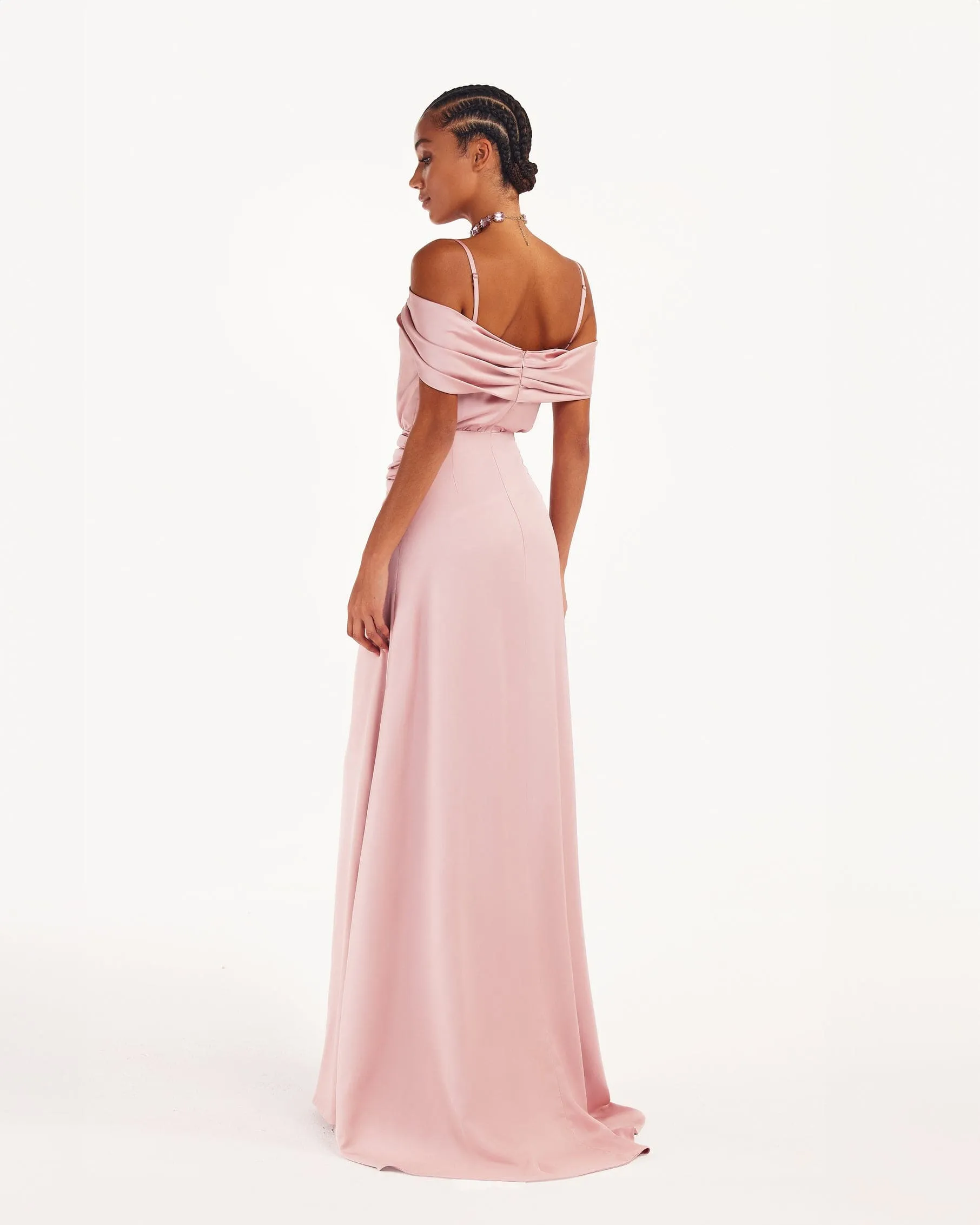 Elegant misty rose off-the-shoulder silk maxi dress