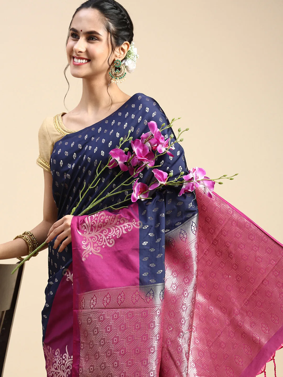 Elegant Semi Soft Silk Navy Colour With Purple Border Saree SS47