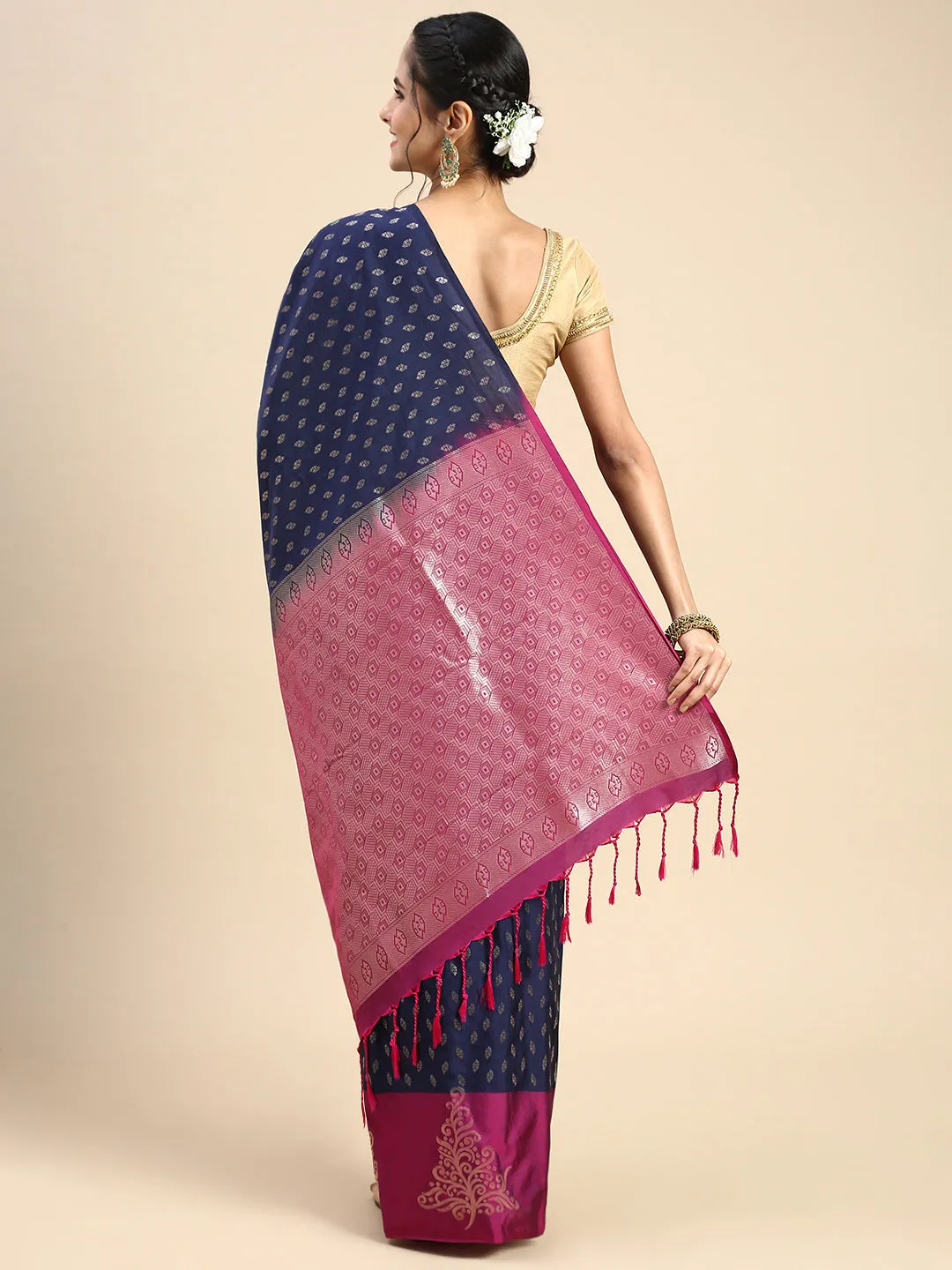 Elegant Semi Soft Silk Navy Colour With Purple Border Saree SS47